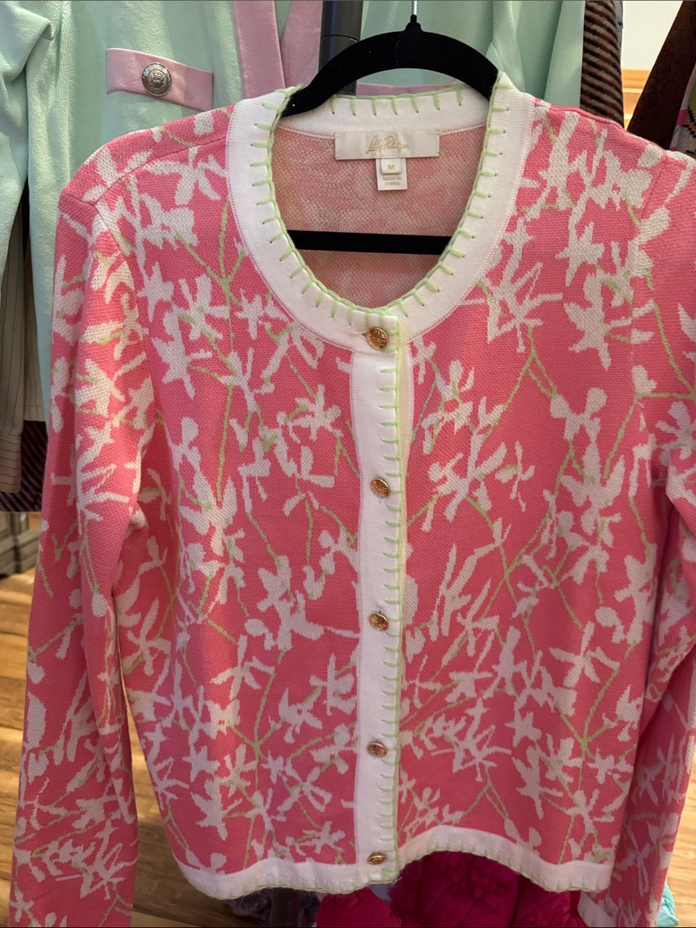 Lilly Pulitzer Pink White Floral Cardigan with Gold Buttons